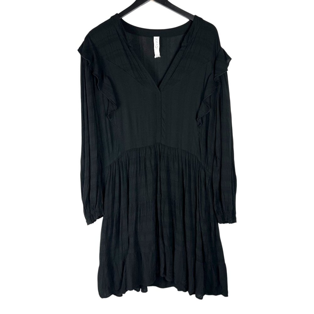 Amadi Rossi Ruffled Long Sleeve V-Neck Tunic Dress Black Size Petite L CD-6770